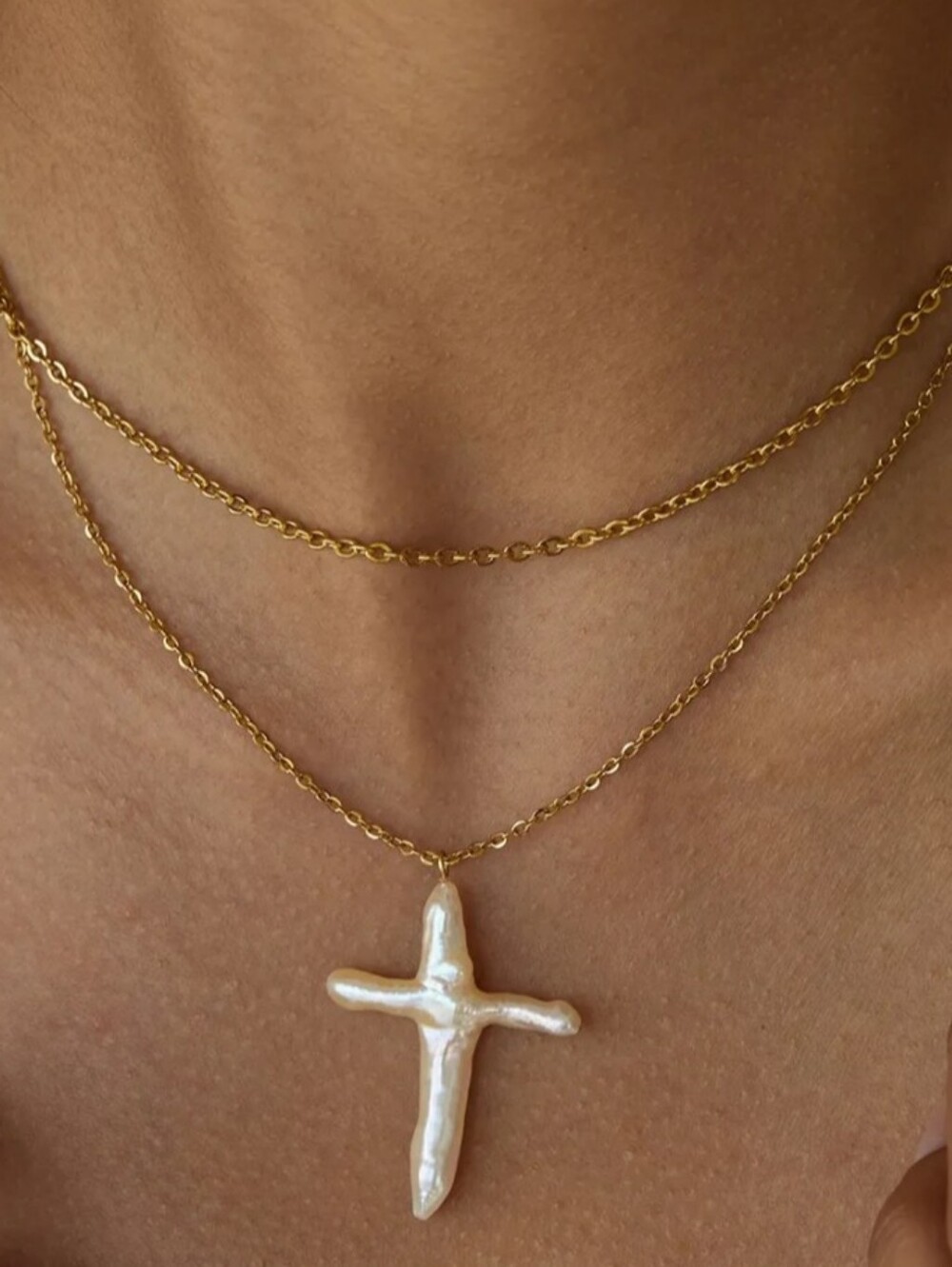 Gold Layered Necklace with White Baroque Pearl Cross Pendant